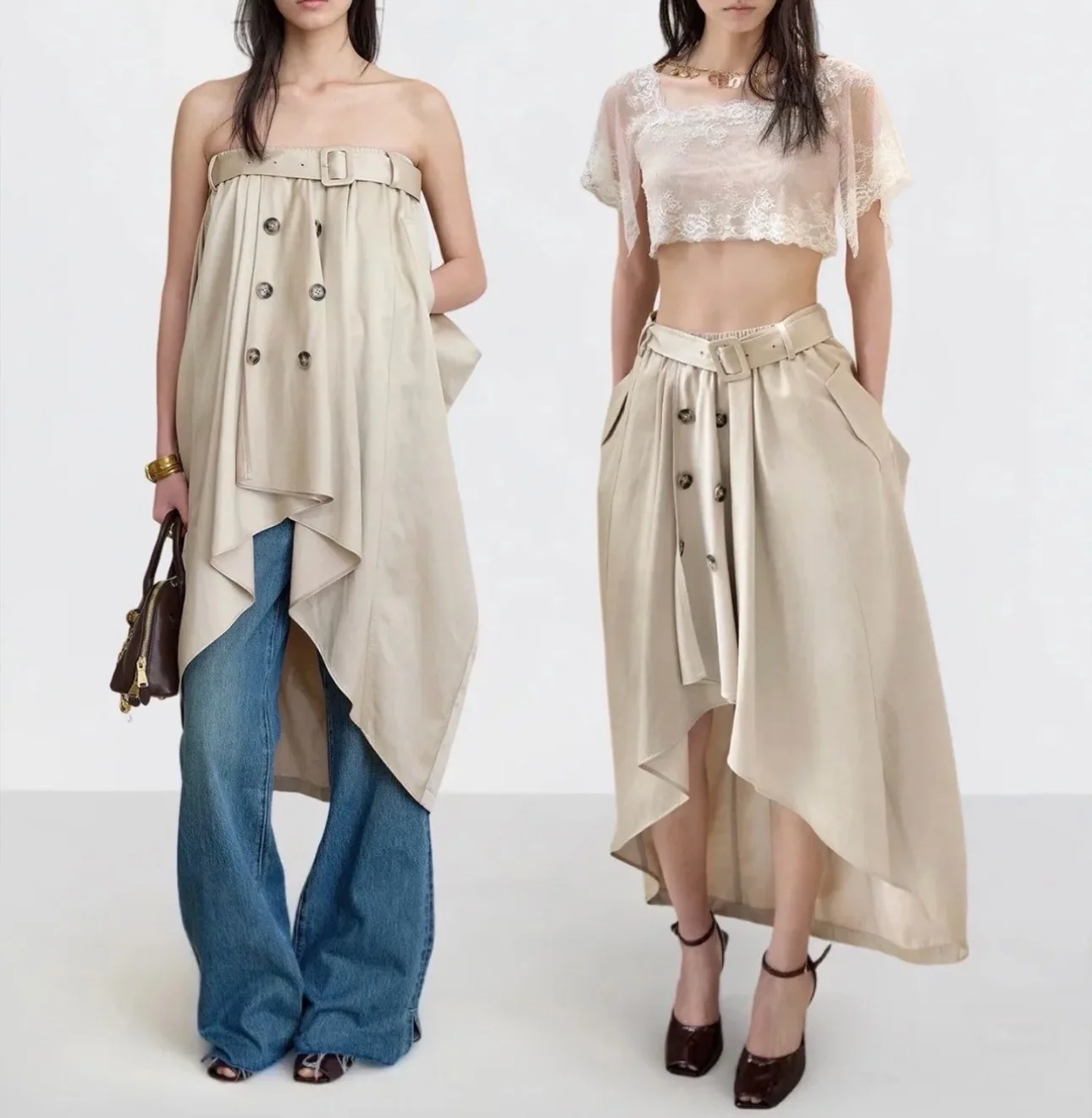 Women 2026 Summer New Two-piece Set Cocoon Style Trench & Skirt Dual Wear Bandeau Sheer Mesh Blouse With Lace Flutter Sleeves
