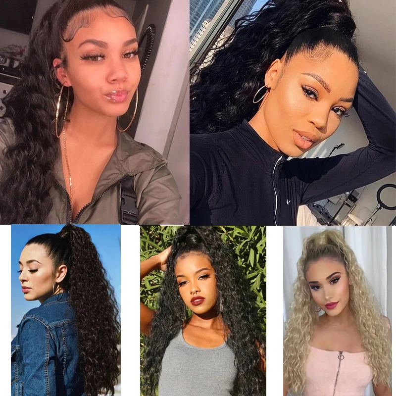 وصلة شعر صناعية طويلة مجعدة بطول 22 بوصة على شكل ذيل حصان برباط ملفوفة بمشبك في قطعة شعر سوداء للنساء