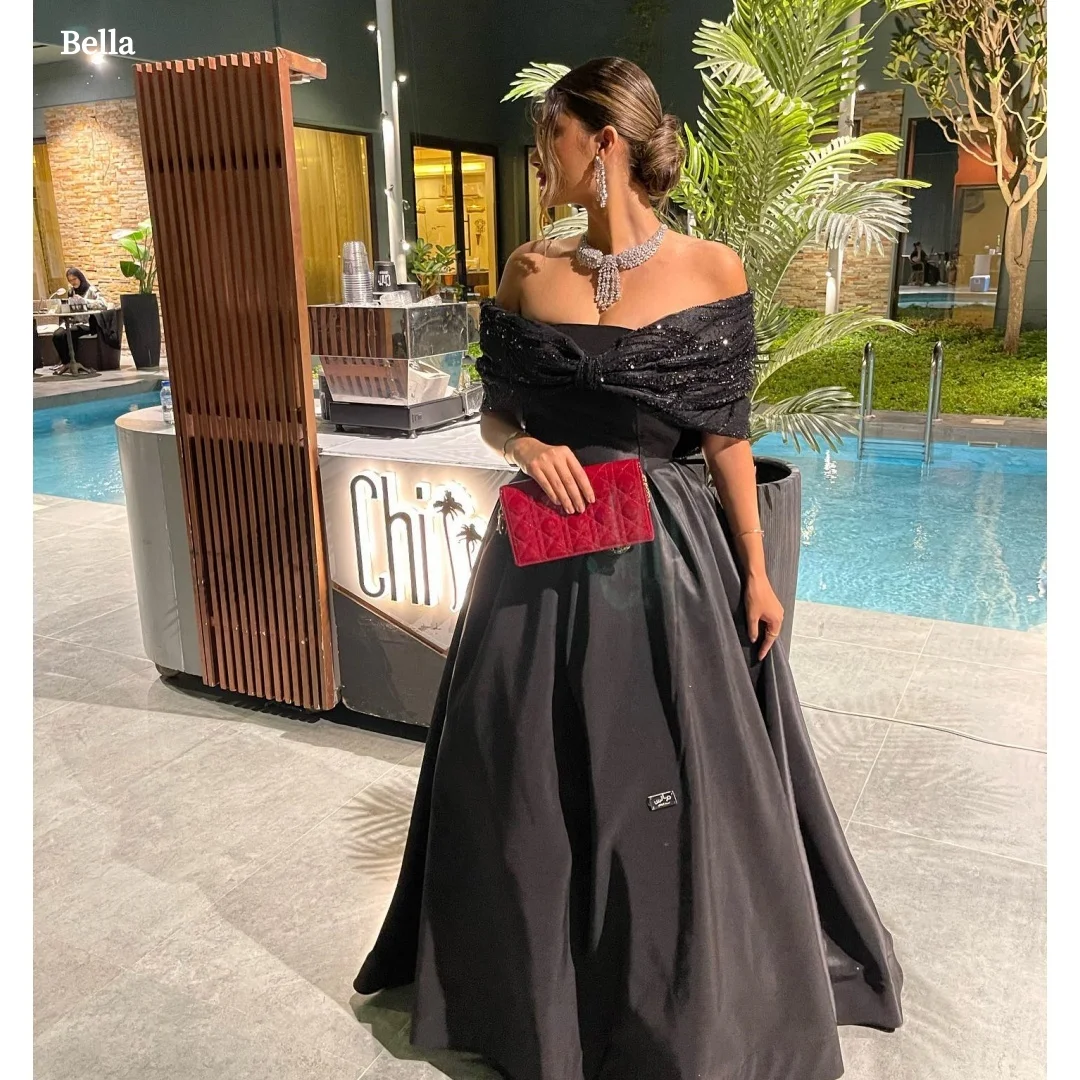 

Bella Customized Party Dresses Prom Dress robes de soirée Black Off Shoulder Sequin Bodice Satin A Line Maxi Gown for Formal