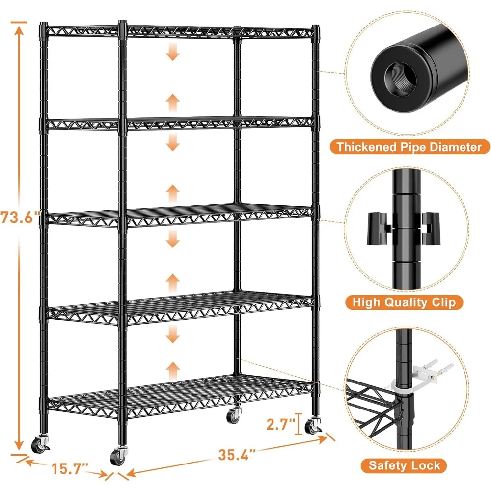 Étagères métalliques robustes réglables, étagères métalliques avec roues, rangement profond, 5 niveaux, 73.6 HTall