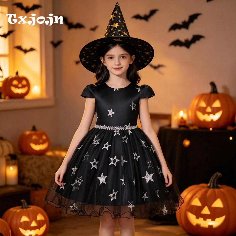 Halloween Girl's Dress with Free Hat 3-14 Years Old Girl's Printed Fluffy Dress Cap Sleeve Black Mesh Dress Performance Dress
