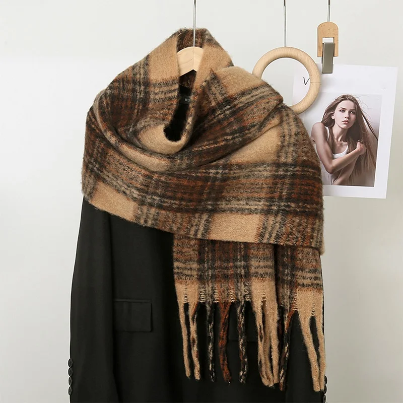Plaid Striped Cashmere Scarf Shawl Brown Tassel Neckerscarf Women Winter Warm Blanket Stoles Thick Pashmina 2024 Fashion Scarf