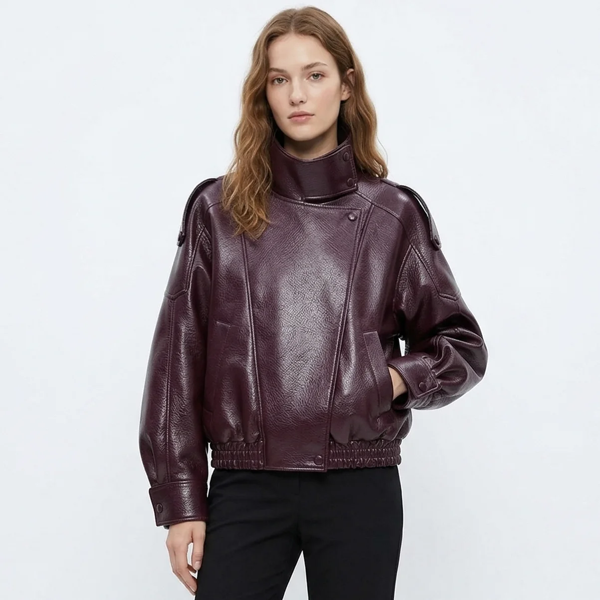 

Женская винтажная куртка-бомбер из искусственной кожи с воротником-стойкой, повседневная байкерская куртка с эластичным низом для уличного стиля и на каждый день