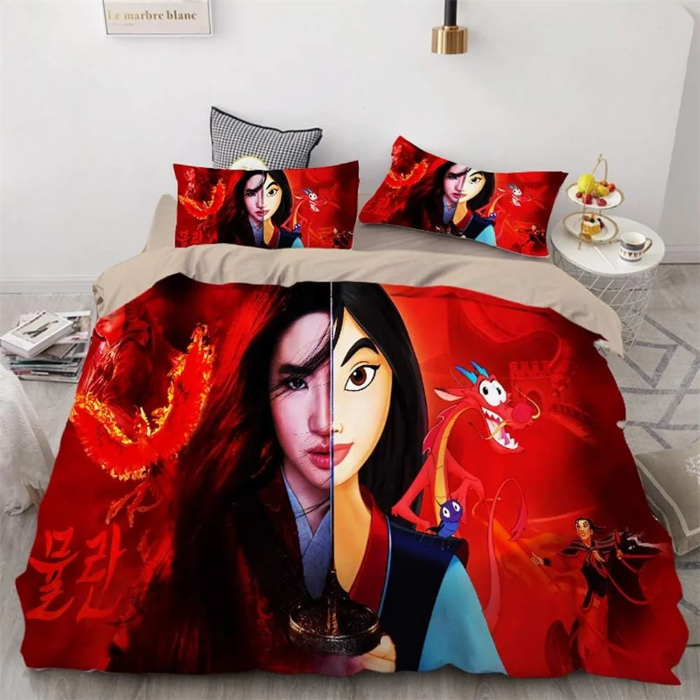 Disney Mulan Bedding Set 3D Print Disney Princess Duvet Covers Pillowcases Girls Kids Bed Set Soft Single Double