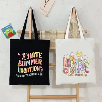 今天星期幾?教師休息日圖案手提包 女士度假風帆布托特包 時尚女士沙灘卡通單肩包 6 最佳銷售 教師手提袋 - №5