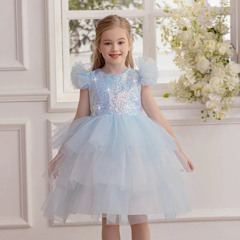 

Elegant Dress For Flower Girl Sequin Ruffles Tulle Princess Dress For Children Wedding Birthday Party Pageant Prom Festival Gown