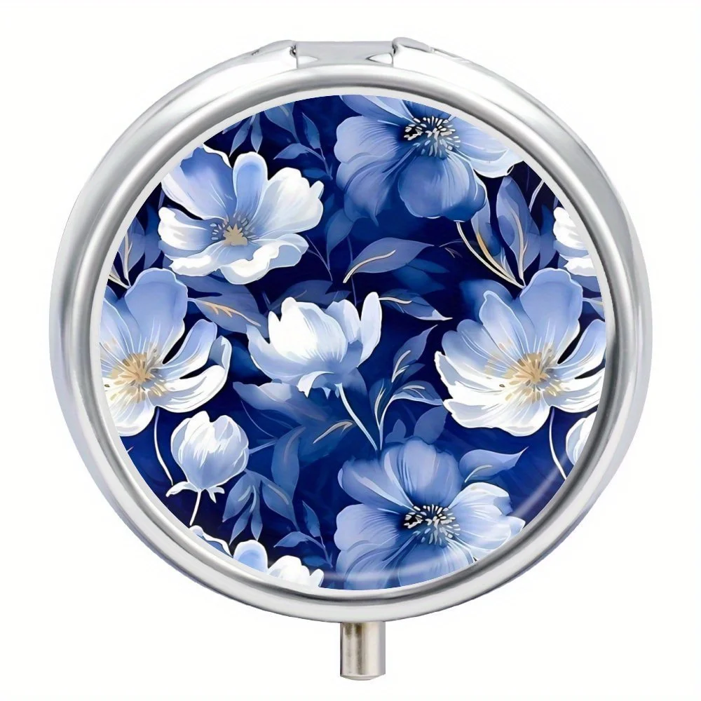 Decorative Blue Floral 3-Compartment Metal Pill Case,Portable Mini Medicine Vitamin Organizer for Purse or Pocket-Unique Gift