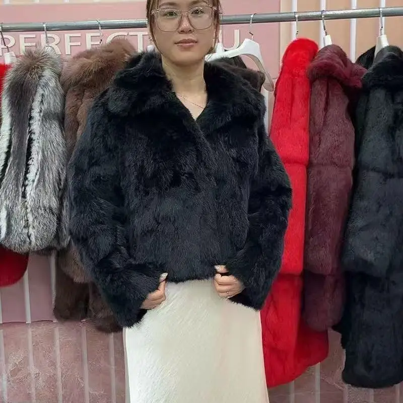 新スタイル レディース 冬用 暖かい ソフト 高品質 本物のレックスラビットコート レックスラビットファー ショートジャケット 大きな本物のフォックスファー襟付きオーバーコート Wh108