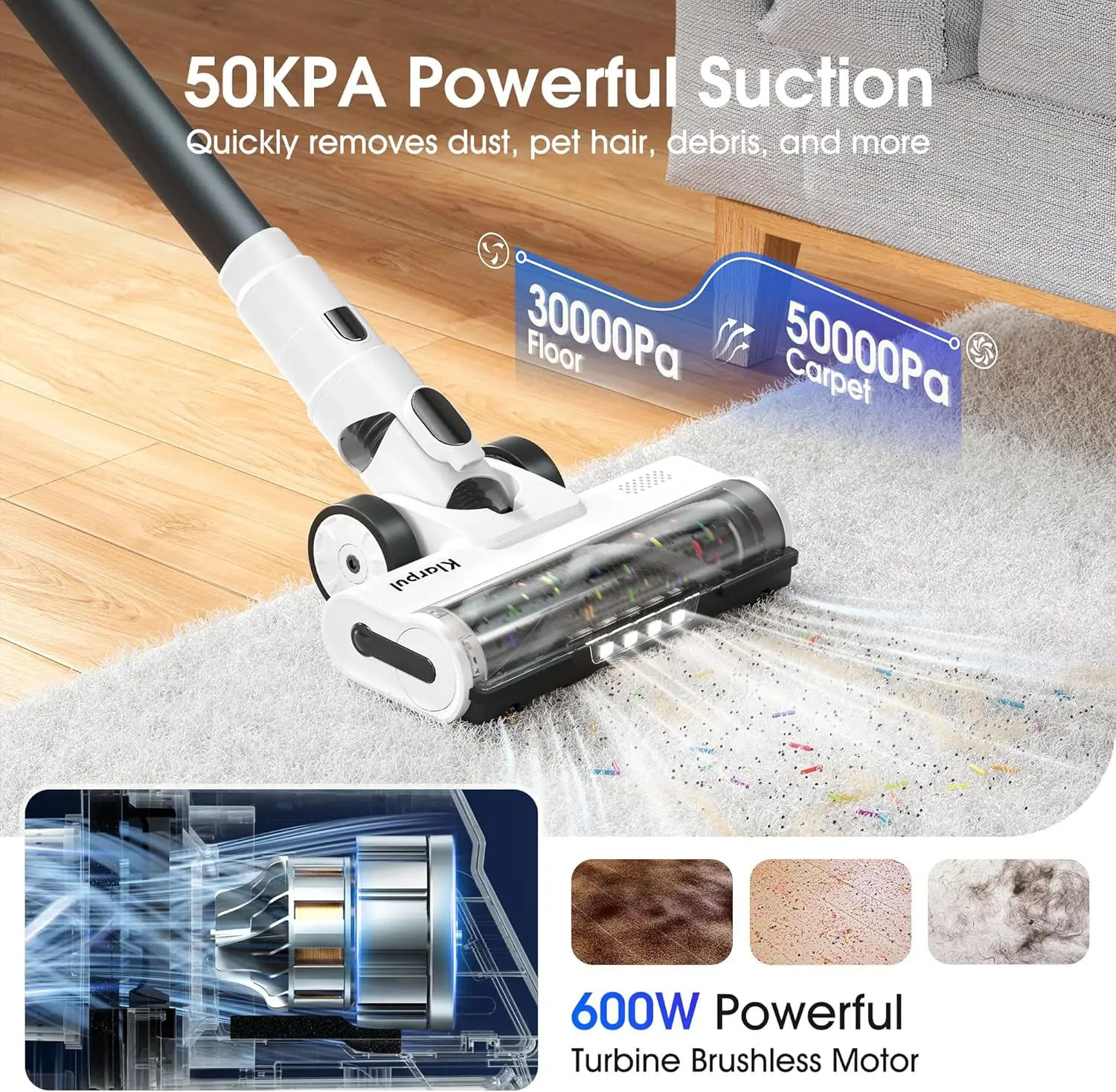 Cordless Vacuum Cleaner, 600W Motor, 50KPA Suction, 70Min Runtime, Fast Charging, LED Touch Screen