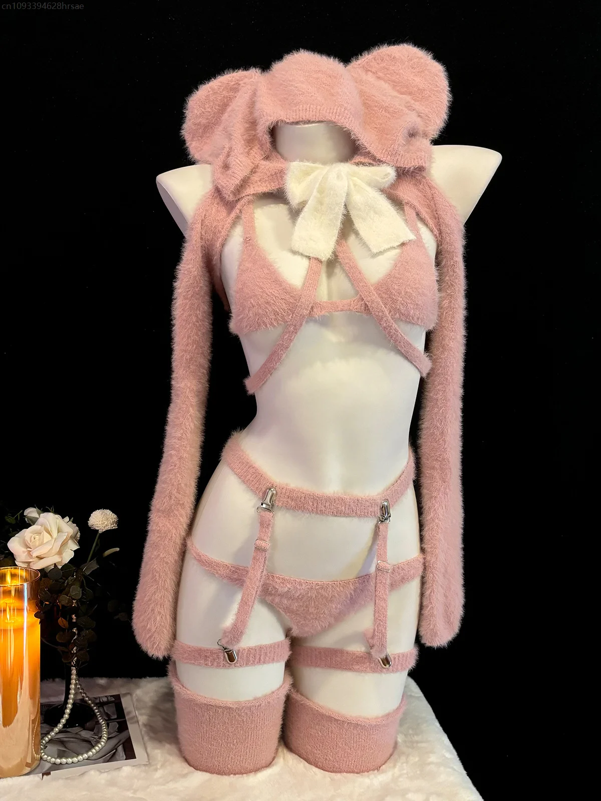 

Sexy Women Pink Bear Hooded Sweater Uniform Outfits Cute Mouse Clothes Cosplay Costume Stocking Knit Clothes Costume Set