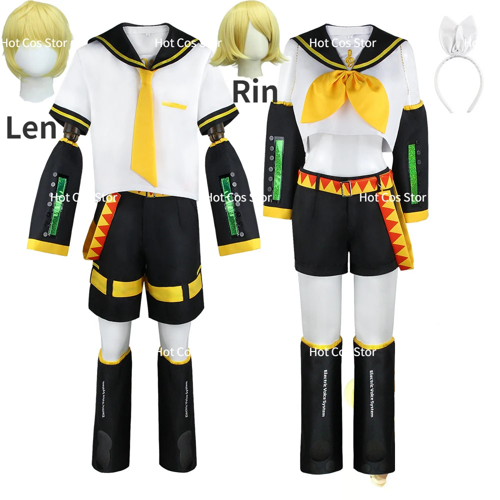 

Anime Rin Len Cosplay Costumes Halloween Uniform Kagamine Rin Len Sets Tops+Shorts Wig Brother Sister Uniform Halloween Party