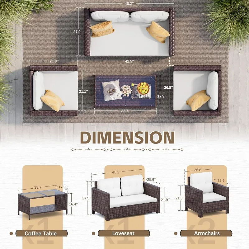 4 Pieces Patio Furniture Sets Rattan Chair Wicker Conversation Sofa Set, Outdoor Indoor Backyard Porch Garden Poolside Ba