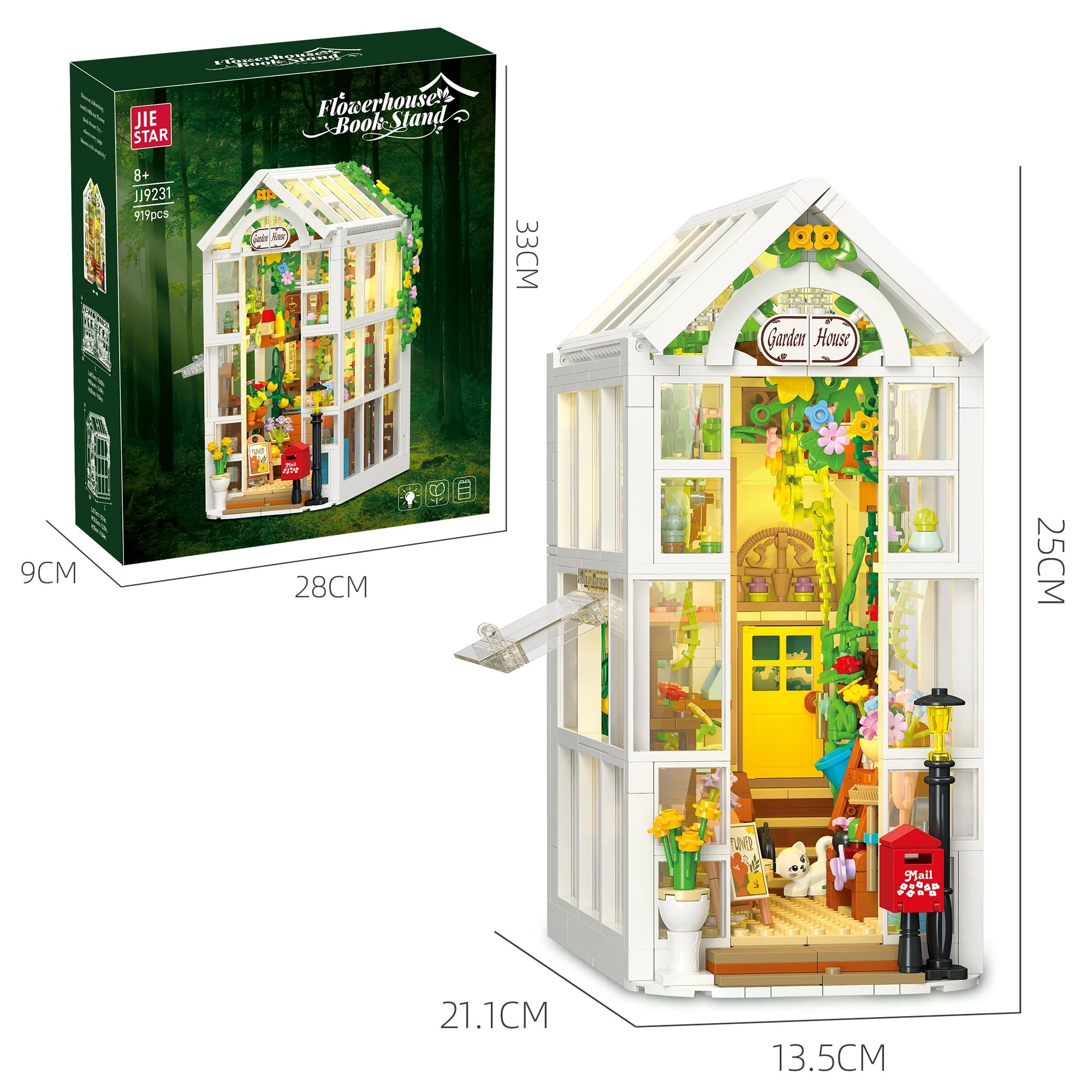 

919 PCS MOC Greenhouse Bookend DIY Building Blocks Set, Flower House Desktop Decor with LED Lights, Gift for Kids & Adults & Stu