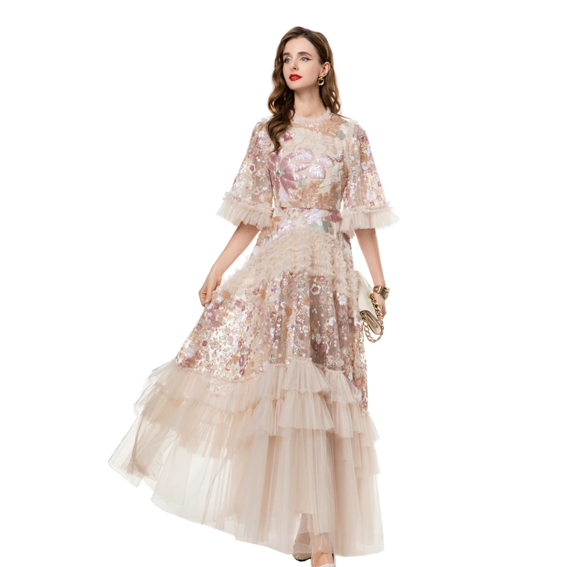 Vestido de mujer con cuello redondo, manga corta, retales florales con lentejuelas, volantes, elegante vestido de fiesta de graduación de diseñador, Maxi Vestidos S- 4XL