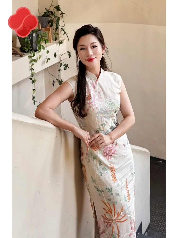 

Ele l Cotton Linen Slim Fit Embroidered New Chinese Sle Artistic Retro Low Slit ort Sve Midi Dr
