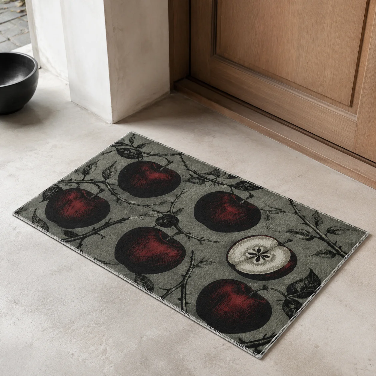 Custom Witchy Anti‑Slip Doormat Vintage Thorn Red Apple Welcome Rug Halloween Floor Mat for Porch Entryway Living‑Room Decor