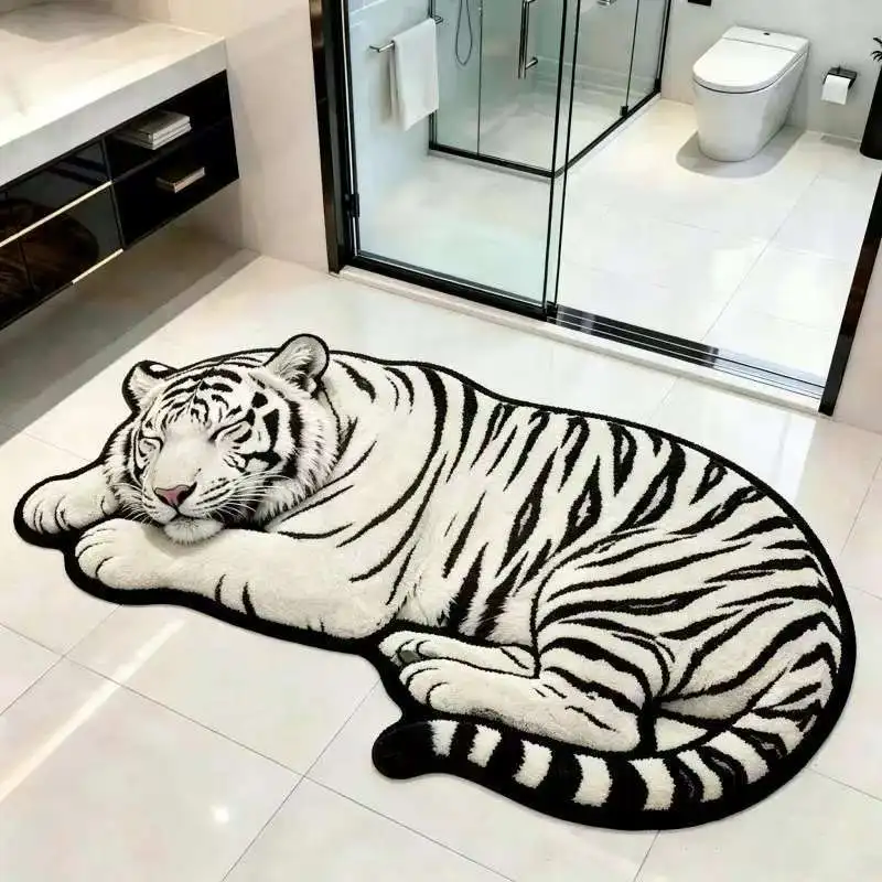 VIKAMA Realistic White Tiger Shaped Bath Mat Non Slip Absorbent Floor Rug Washable Creative Animal Bathroom Home Decor Mat