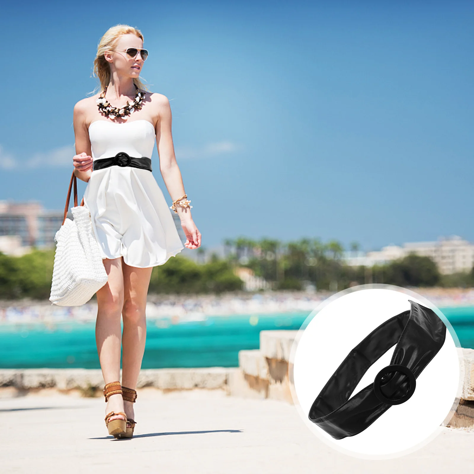 حزام خصر قابل للتعديل من البولي يوريثان باللون الأسود للنساء، نحيف وعصري ومتعدد الاستخدامات، لون سادة لفساتين الجينز، حزام نسائي #1