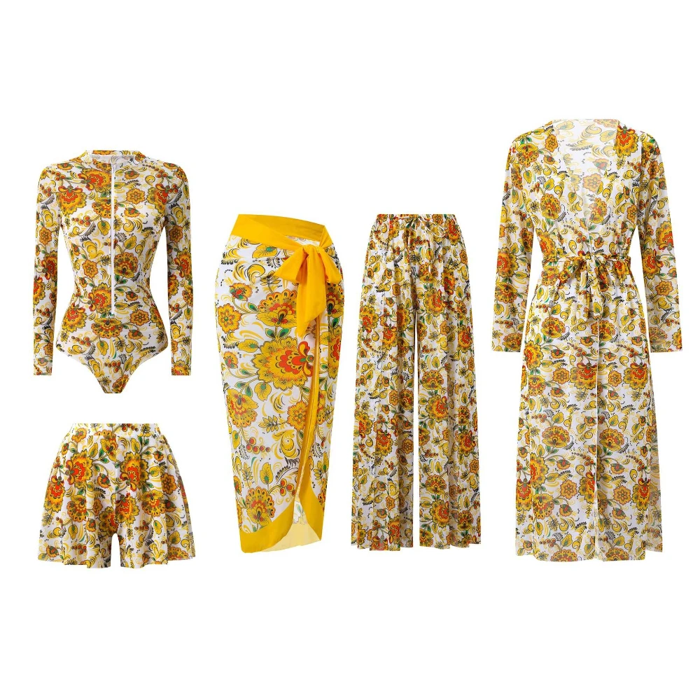 5Pcs Sun Totem Print Swimwear Set Long Sleeve Zipper Rash Guard One Piece Swimsuit + Beach Cover Up Robe Wrap Skirt Pants Shorts