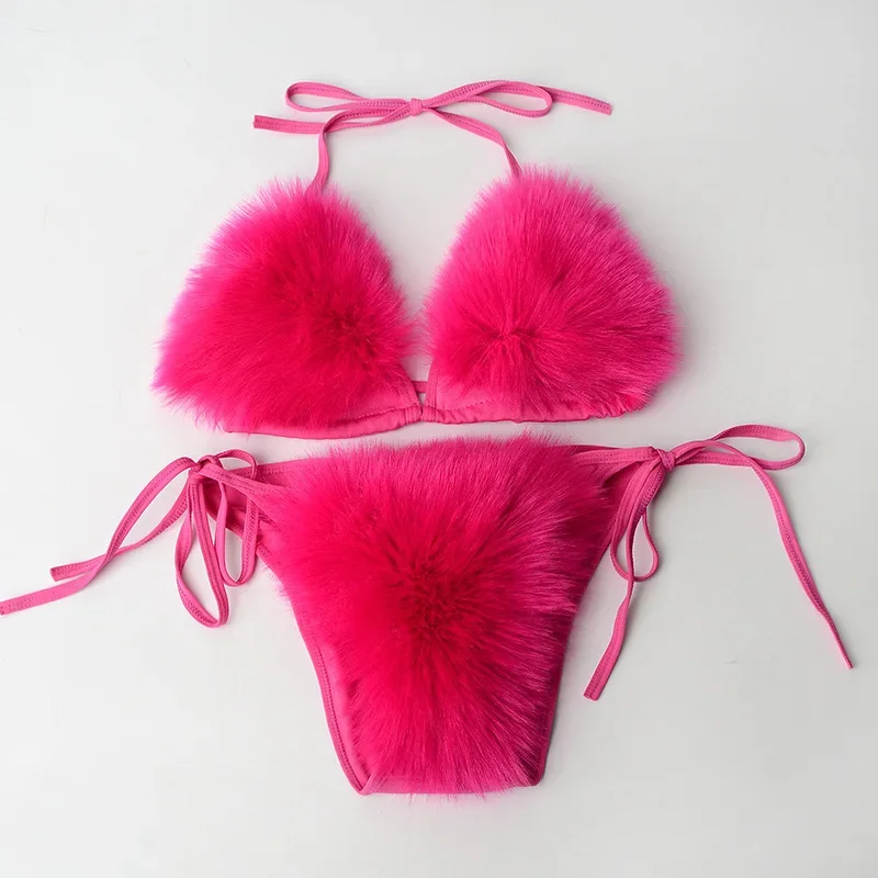 Fake Fox Fur Monocromático Bikini Set para Mulheres Faux Fur Swimsuit Sexy Underwear, Sutiã Dividido Triângulo, Swimwear de Pelúcia, Dois Maiôs Peça, Novo