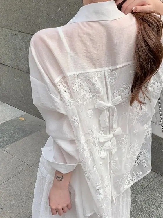

White Lace Knot Sun Protection Shirt Women's Summer Long Sleeve Thin Shirt Jacket Elegant Beautiful Top