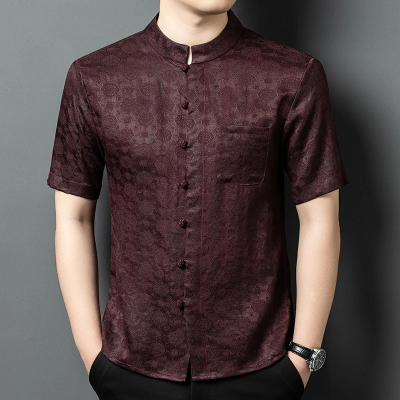

Mulberry Silk Frog Shirts For Men Short Sleeved Jacquard Pocket Summer Quality Gambiered Canton Gauze Coolness Camisas De Hombre