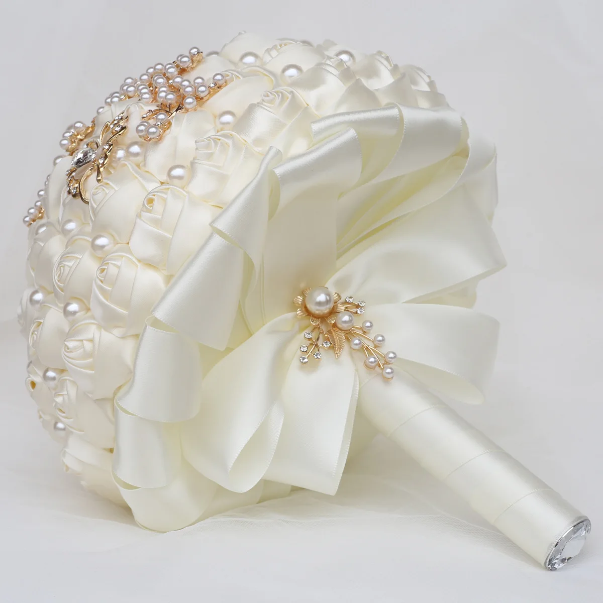 Yannew Ivory Satin Rose Flower Wedding Bouquets with Crystal Fake Pearl for Bride Handamde Brooch Bridal Holding Bouquet Ribbon