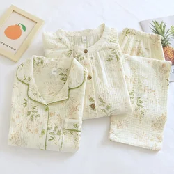 2024 New Spring and Autumn Women's Pajama Set 100% Cotton Crepe Printed Long Sleeve Pants Two Piece Home Suit Set Sleepwear