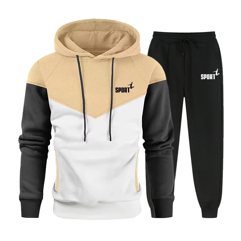 Autumn Winter New Men's Print Hoodies Outdoor Sportswear Set Street Simplicity Fashion Hooded Sweatshirt Two Color Matching Top