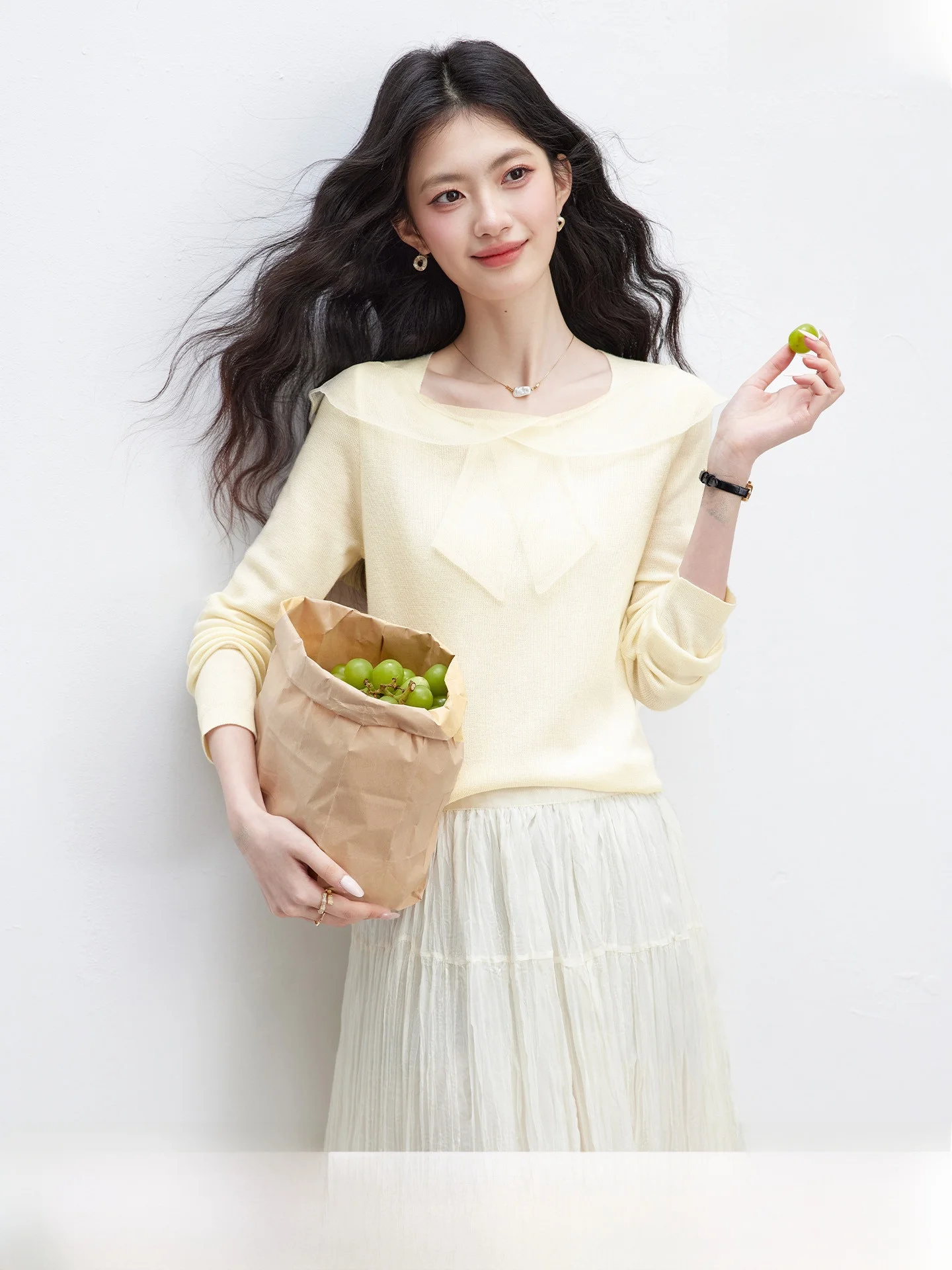 

Ele Soft round Ne Knitted Sweater Women's Spring 2026 New Sle Knot Me Long Sve Top Faionable Casual ...