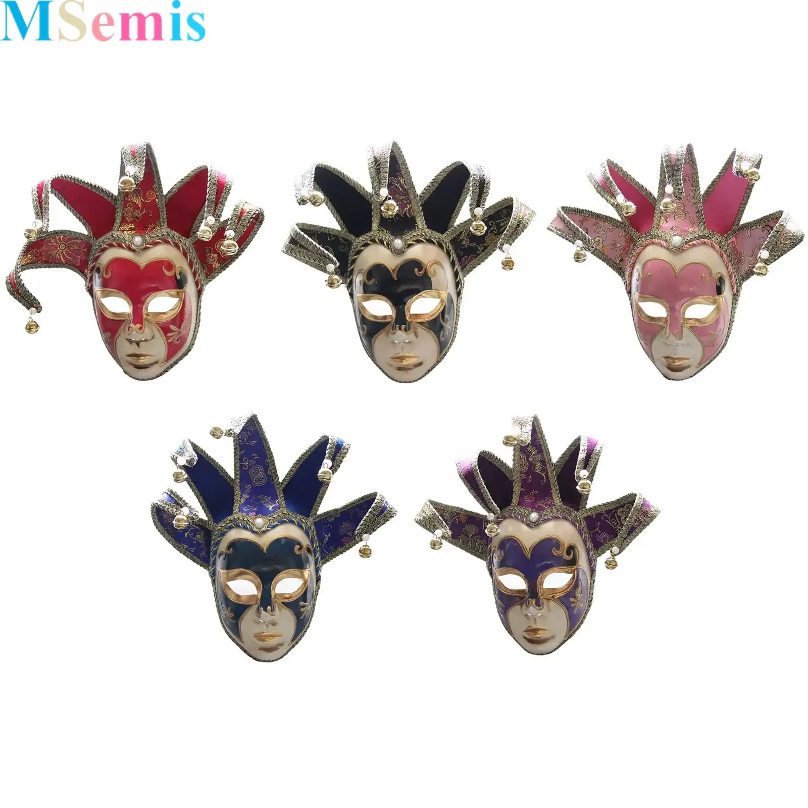 

1Pcs Halloween Masquerade Venetian Jester Mask Music Mardi Gras Bells Decorative Vintage Full Face Mask for Adults