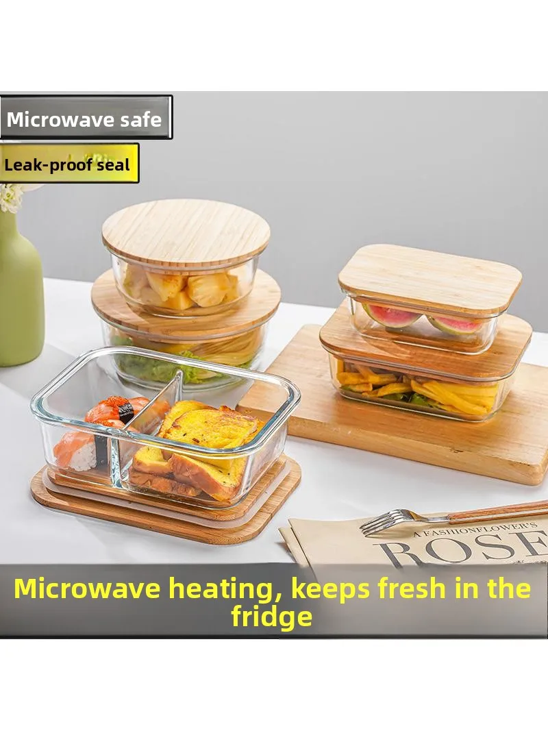 

High Borosilicate Glass Bamboo Wood Lid Food Preservation Box Sealed Fridge Lunch Box Glass Bowl for Storage And Preservation