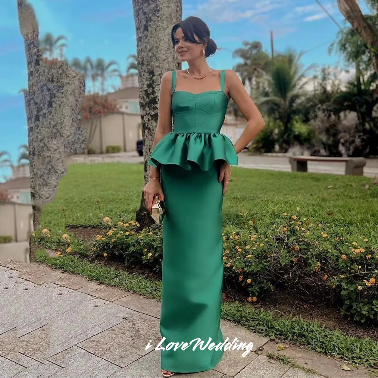 

Green Sweetheart Evening Dress 2025 Sleeveless Spaghetti Strap Sheath Split Floor-Length Pleated Wedding Party Dress Customized