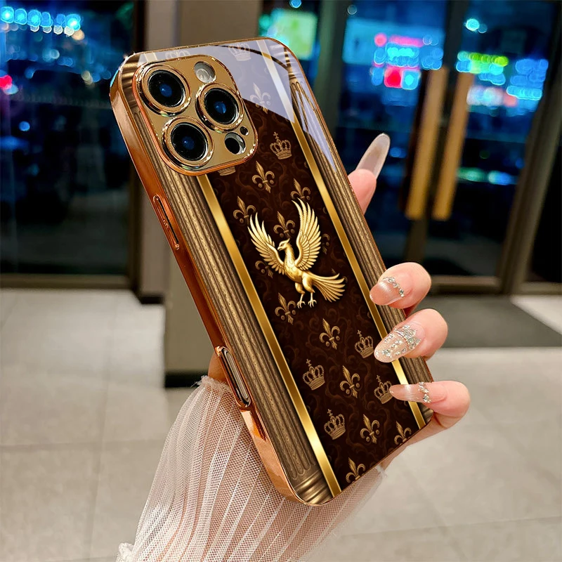 Vintage Phoenix Electroplated Golden Phone Case For iPhone 18 17Air 17 16 15 14 13 12 11 Pro Max Plus 16E XR 7 8 X Glass Cover