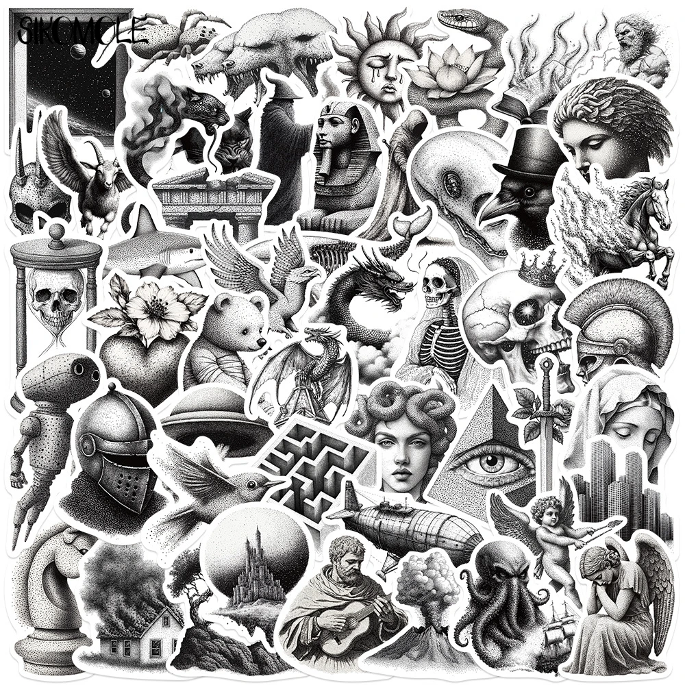 10/30/50PCS Retro Sketch Black And White PVC Stickers Aesthetic Art DIY Decoration Toy Kids Travel Luggage Graffiti Sticker Pack