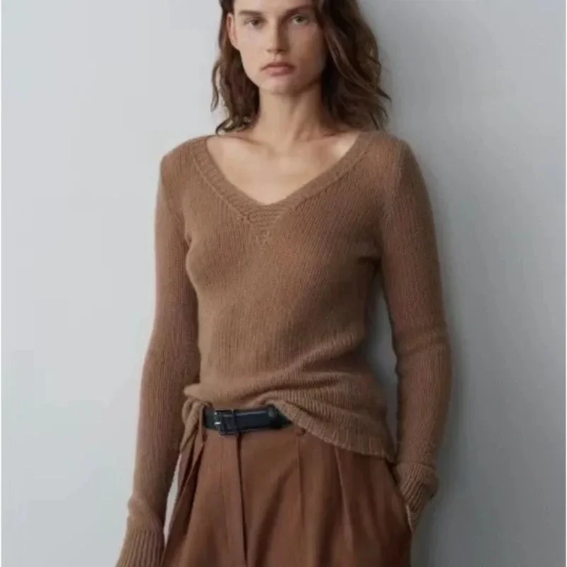 R@ Sweater 2024 Cashmere Knit Sweater Women Spring and Autumn New V-neck Pullover Solid Color Sweater Versatile Slim Wool Blouse