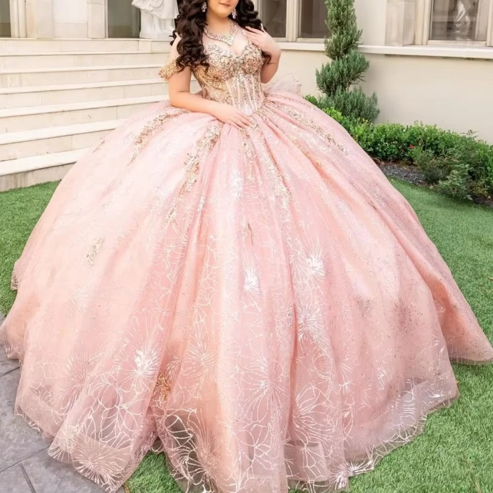 Customized Sparkling Pink Princess Adult Dresses Off Shoulder Sparkling Stickers Lace Crystal Beads Sweet Dress Prom Party Gowns