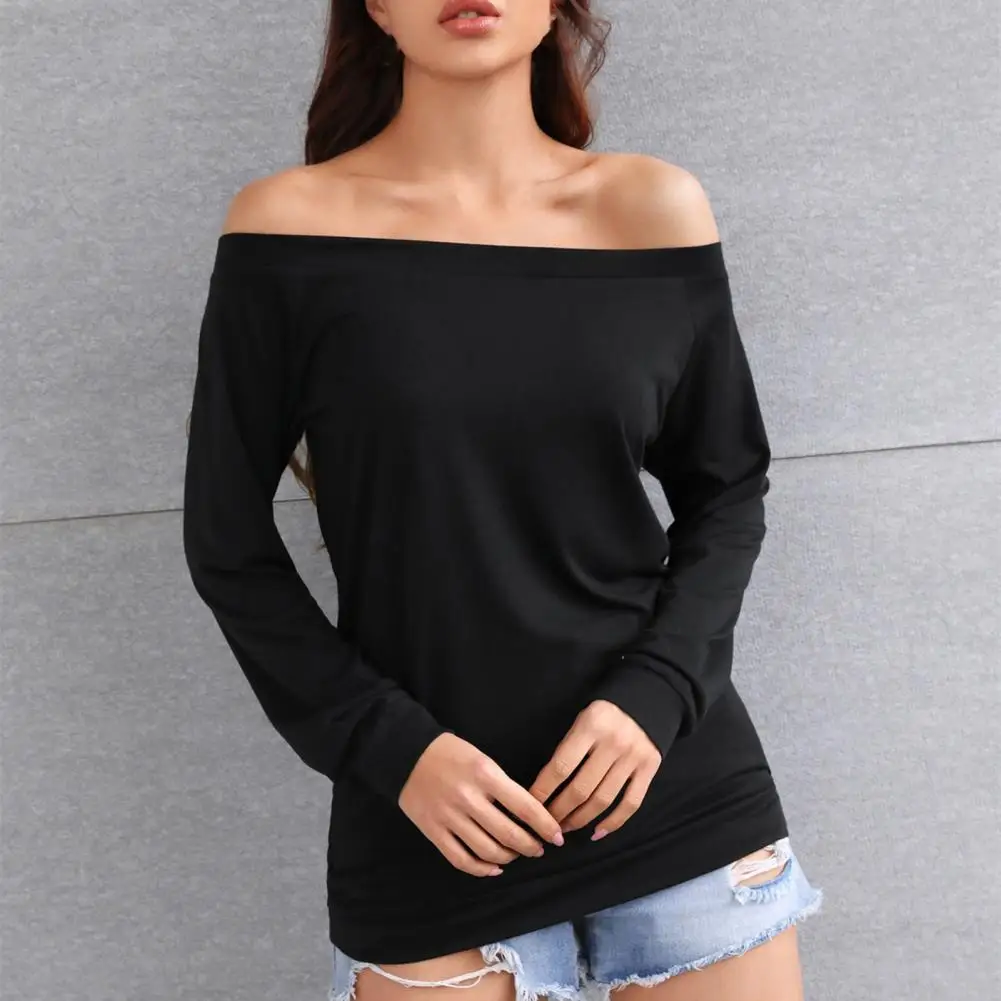 One Shoulder Strapless Women T-shirt Solid Color Slash Neck Off Shoulder Long Sleeve T-shirt Loose Autumn Lady Blouse Loose Top