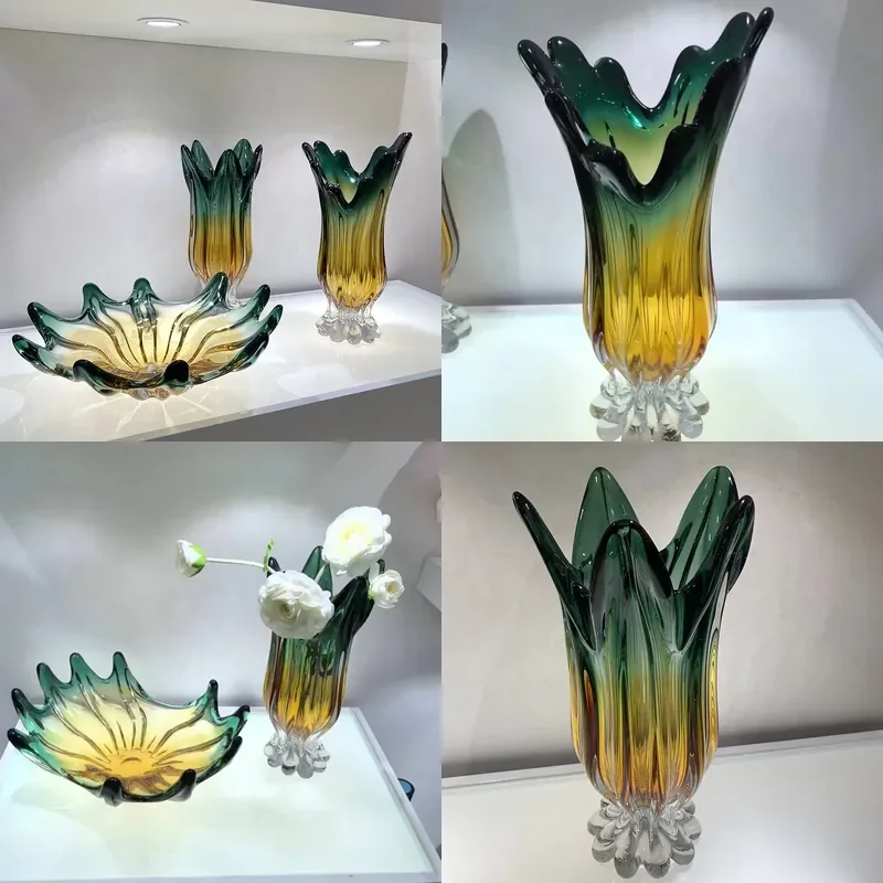 Modern Glazed Crystal Glass Vase Heavy Hydroponic Flower Holder Luxury Fruit Plate Decor for Living Room Entrance Home