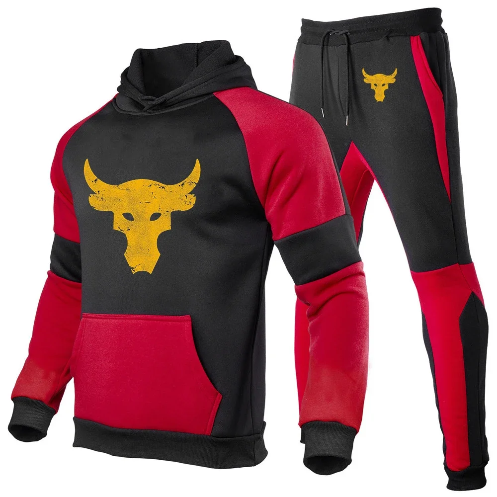 Dwayne Johnson Brahma Bull Tattoo Print Spring Autumn Mens Hooded Hoodies Drawstring Sportswear+Sweatpants Patchwork Cotton Sets