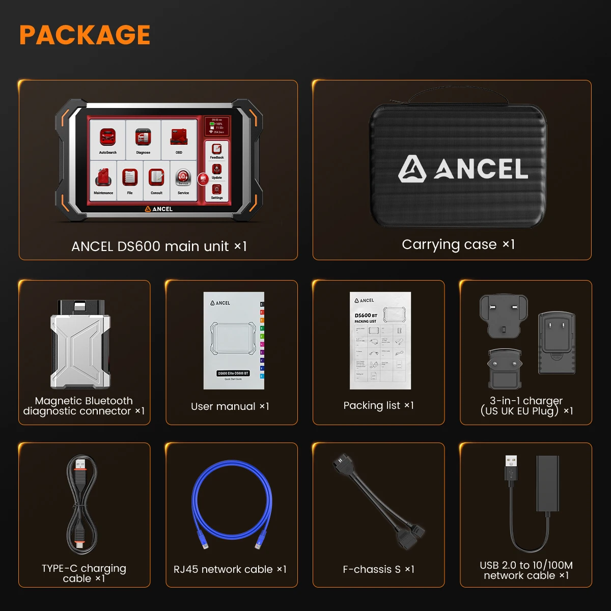 ANCEL DS600 BT OBD2 Autoscanner Volledig systeemdiagnosetool met 34+ resetten ECU-codering Actieve test CANFD DOIP FCA SGW AutoAuth