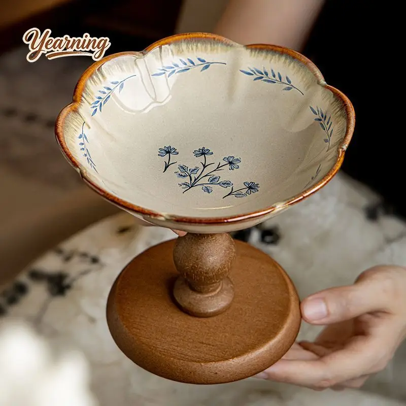 Wooden High Foot Fruit Bowl Ceramic Pastry Plate Snack Tray Entryway Decor