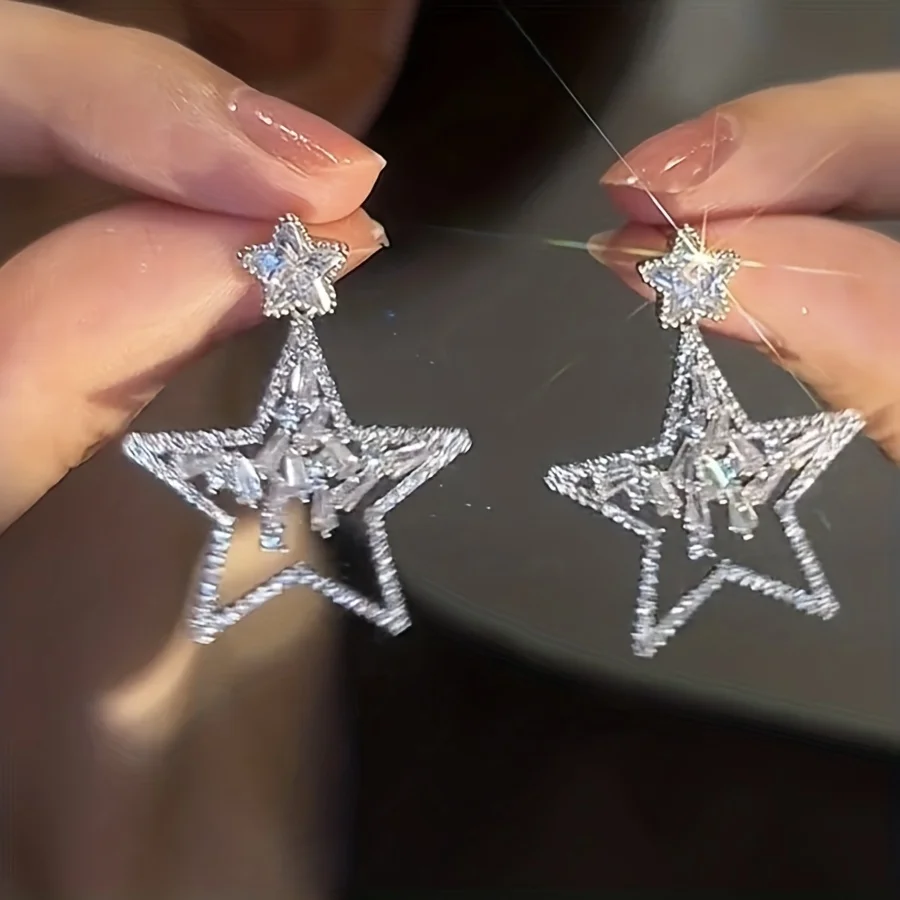 Exquisite, sparkling synthetic zirconia five-pointed star earrings – high-end, elegant, unique design,