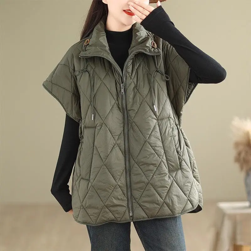 Lapel Drawstring Down Cotton Waistcoat Women Outwear Fall Winter Korean Casual Loose Artistic Sleeveless Coat Vest Jacket Z3903