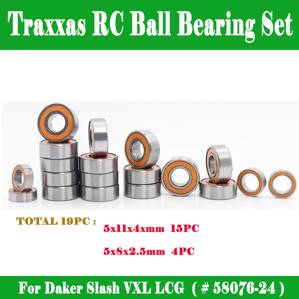 Traxxas RC Ball Bearing Set For Daker Slash VXL LCG  ( # 58076-24 ) 19 Pcs  5x11x4 mm 15 PC , 5x8x2.5 mm 4PC Orange Bearings