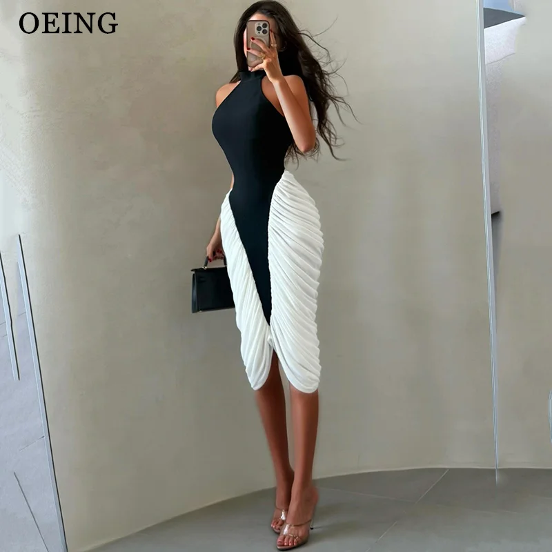 

OEING Simple Mermaid Prom Dresses Halter Black White Pleats Tea Length Birthday Party Dresses Cocktail Dresses Customized