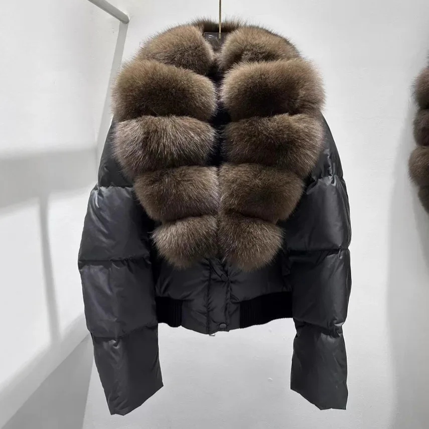 

Puffer WARM Jacket Winter Women Coat Real Natural Fox Fur Collar Thick Warm White Duck Down Jacket Casual Short Overwears