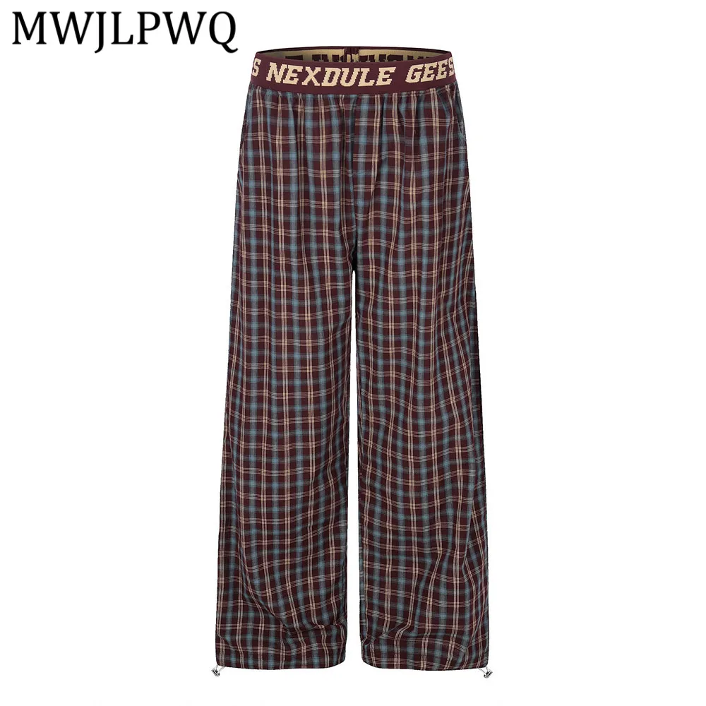 MWJLPWQ American Street For Men Casual Sports Trousers Loose Wide-Leg Straight Letter Print Elastic Waistband Plaid Pants 16467