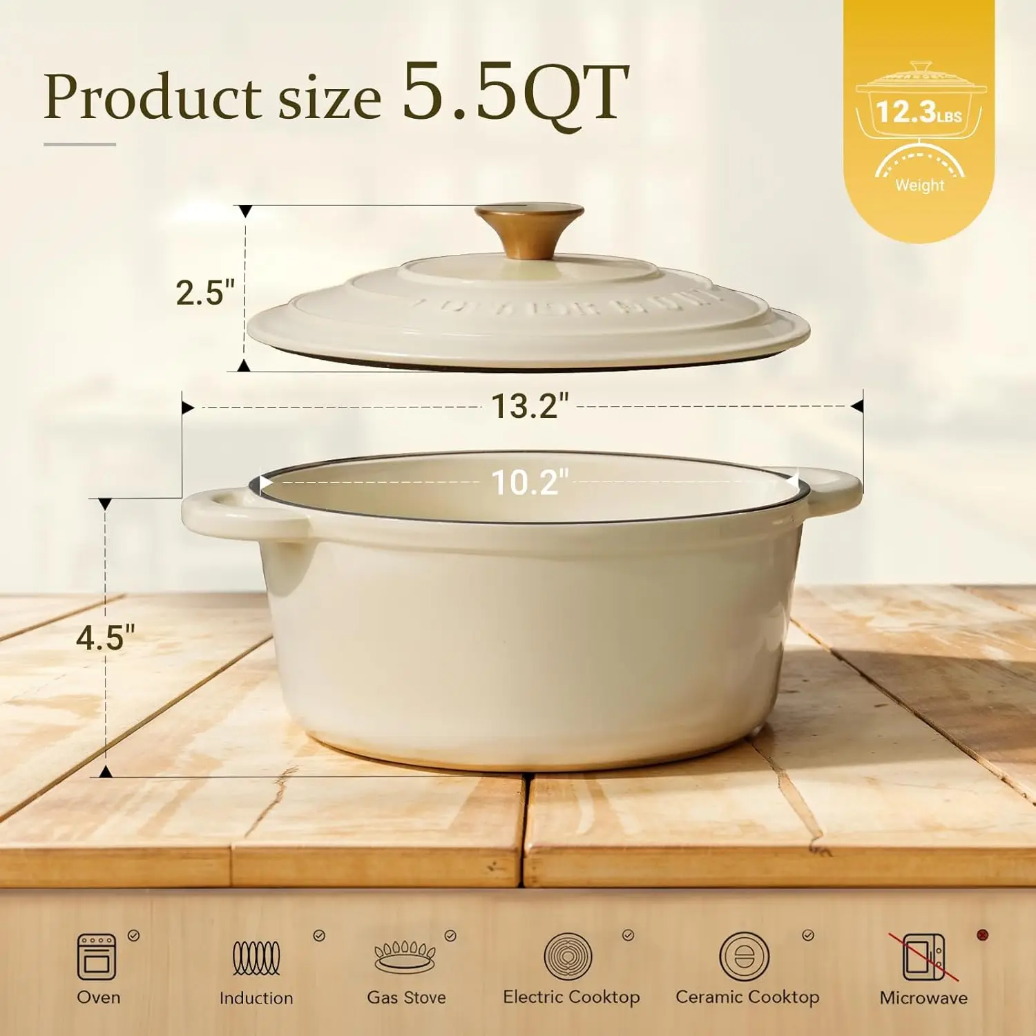 

Enameled Cast Iron Dutch Oven - 5.5QT Pot with Lid Cookbook & Cotton Potholders - Heavy-Duty Cookware for Braising
