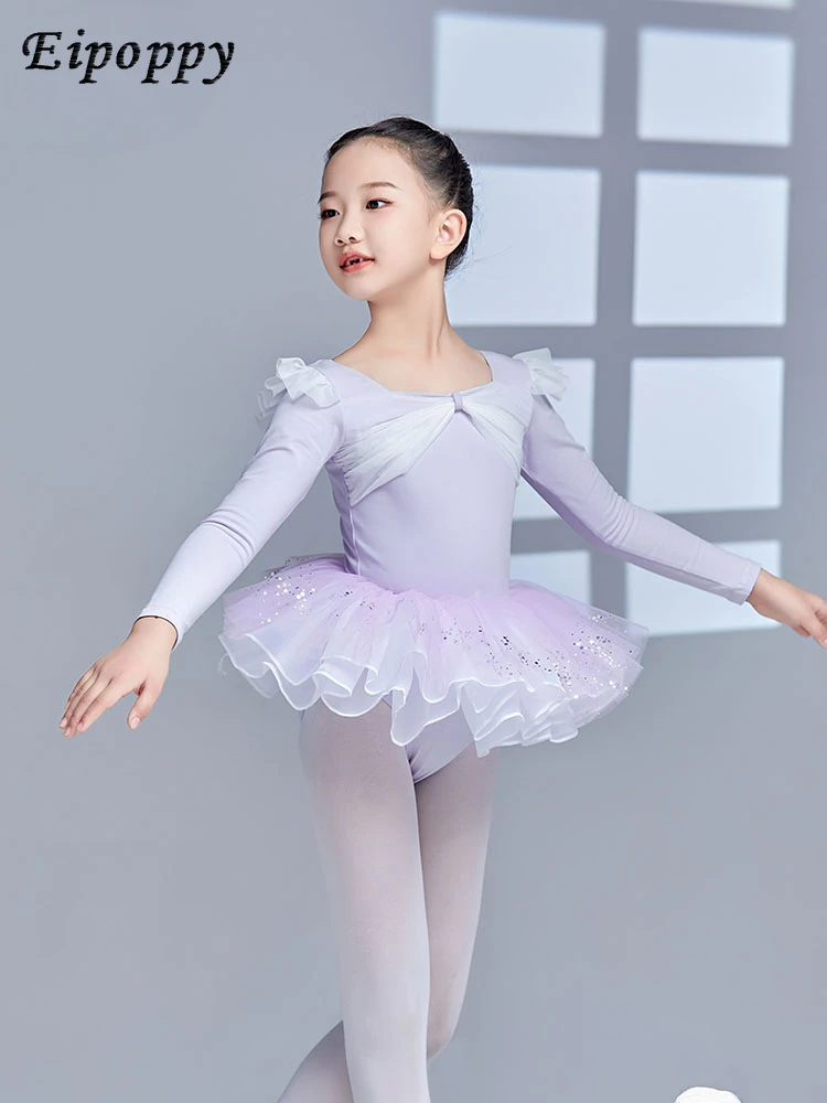 Girl's Dancing Dress High-End Shapewear Autumn Long Sleeve Open Crotch Gym Outfit Ballet One-Piece Suit Exercise Clothing